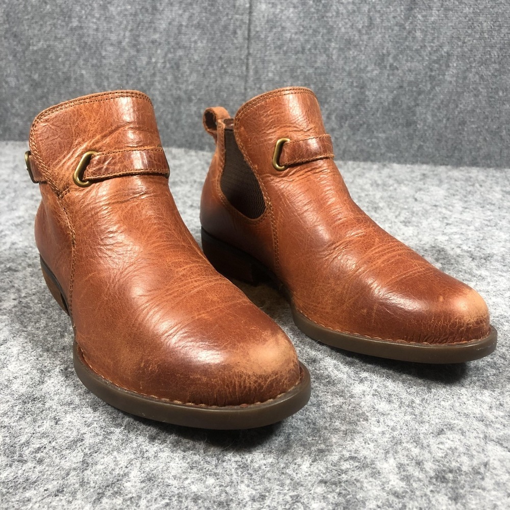 Born Brown Leather Ankle Booties Womens 7.5 M Buckle Strap Low Heel Boots